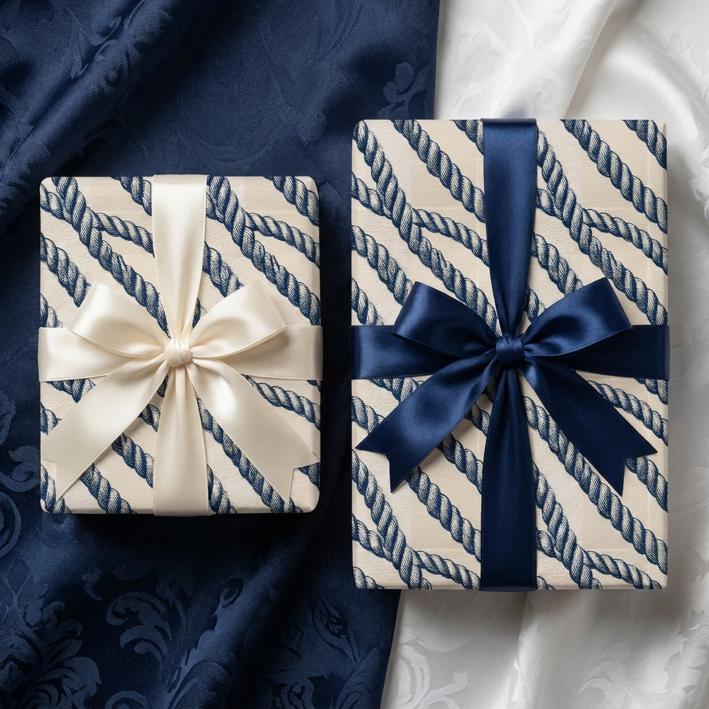 Nautical navy blue rope wrapping paper with satin bows on gift boxes by Wrapped Studios.
