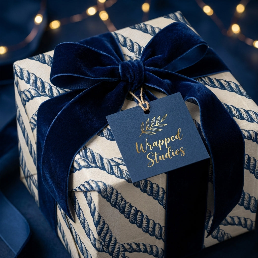 Luxury nautical wrapping paper with navy rope pattern and blue velvet bow by Wrapped Studios.