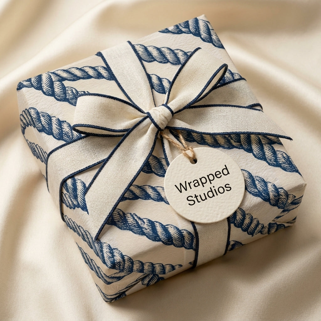 Nautical wrapping paper with navy blue rope pattern and elegant ribbon bow by Wrapped Studios.