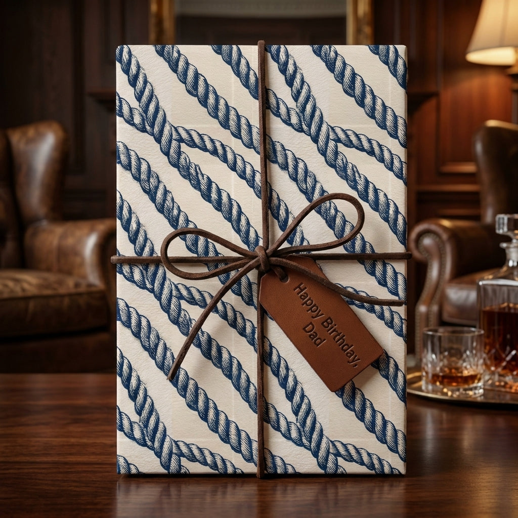 Nautical rope wrapping paper with a leather bow on a masculine birthday gift by Wrapped Studios.