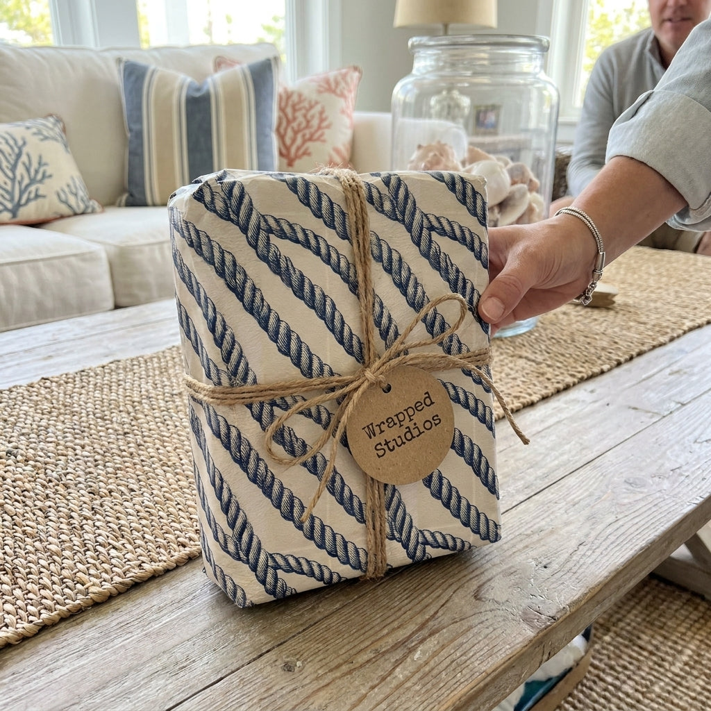 Hand holding a gift in nautical navy blue rope wrapping paper with twine bow, by Wrapped Studios.