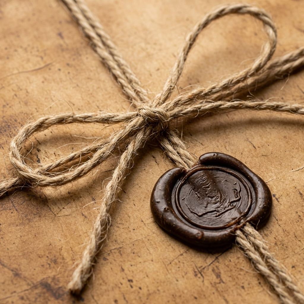 Rustic kraft wrapping paper with jute twine bow and dark wax seal. Natural gift wrap by Wrapped Studios.