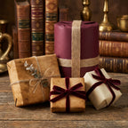 Rustic elegant gift wrap featuring rich burgundy, natural kraft paper, velvet ribbons, and twine presents. Wrapped Studios.