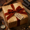 Wrapped Studios: Rustic brown wrapping paper with a rust velvet ribbon & "For the adventurer" tag.