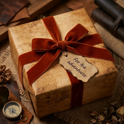 Wrapped Studios: Rustic brown wrapping paper with a rust velvet ribbon & "For the adventurer" tag.