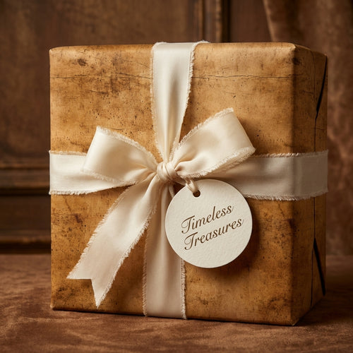 Luxury parchment wrapping paper with cream frayed ribbon bow & 'Timeless Treasures' tag. Elegant gift.