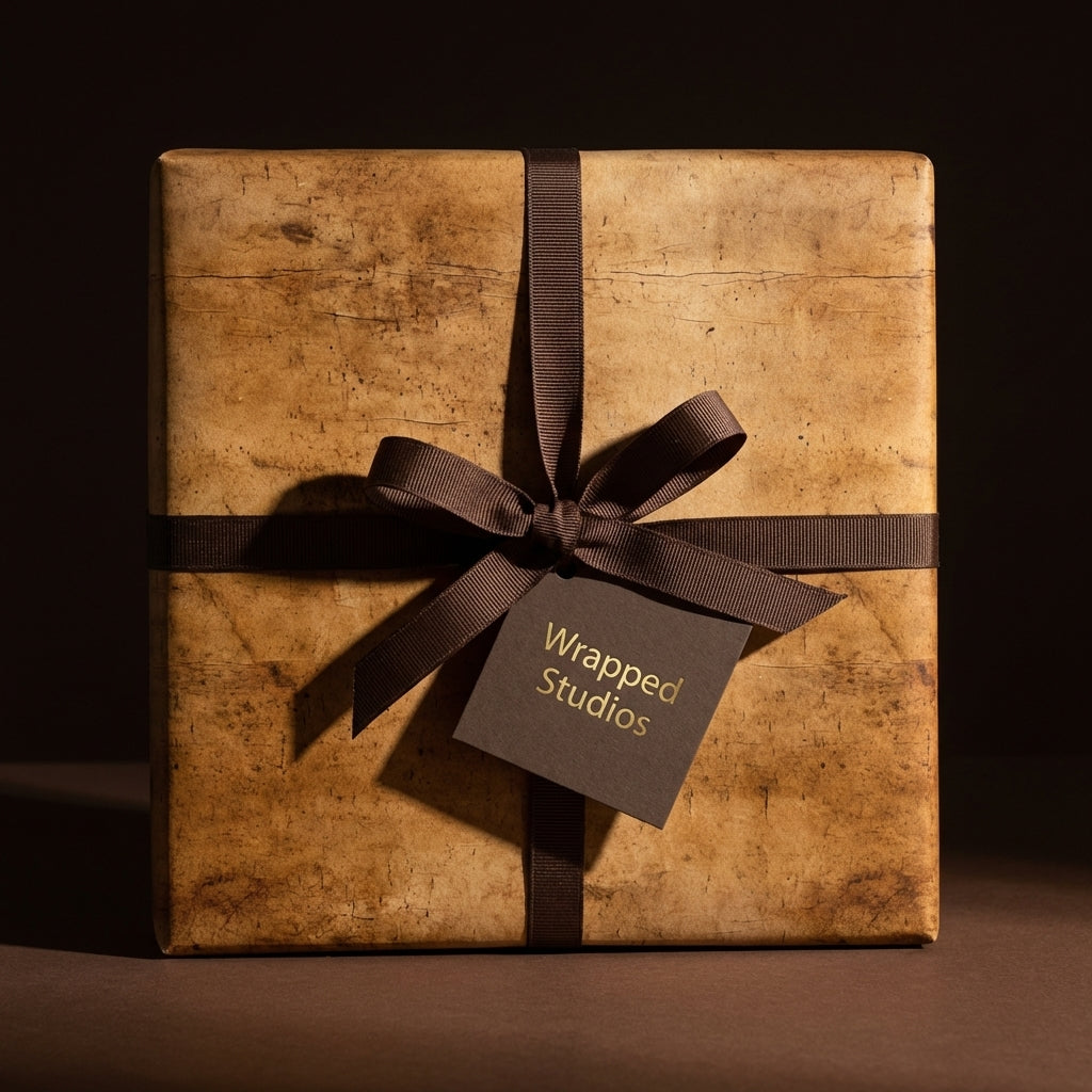 Luxury rustic brown wrapping paper with distressed texture, dark ribbon bow, and Wrapped Studios tag.