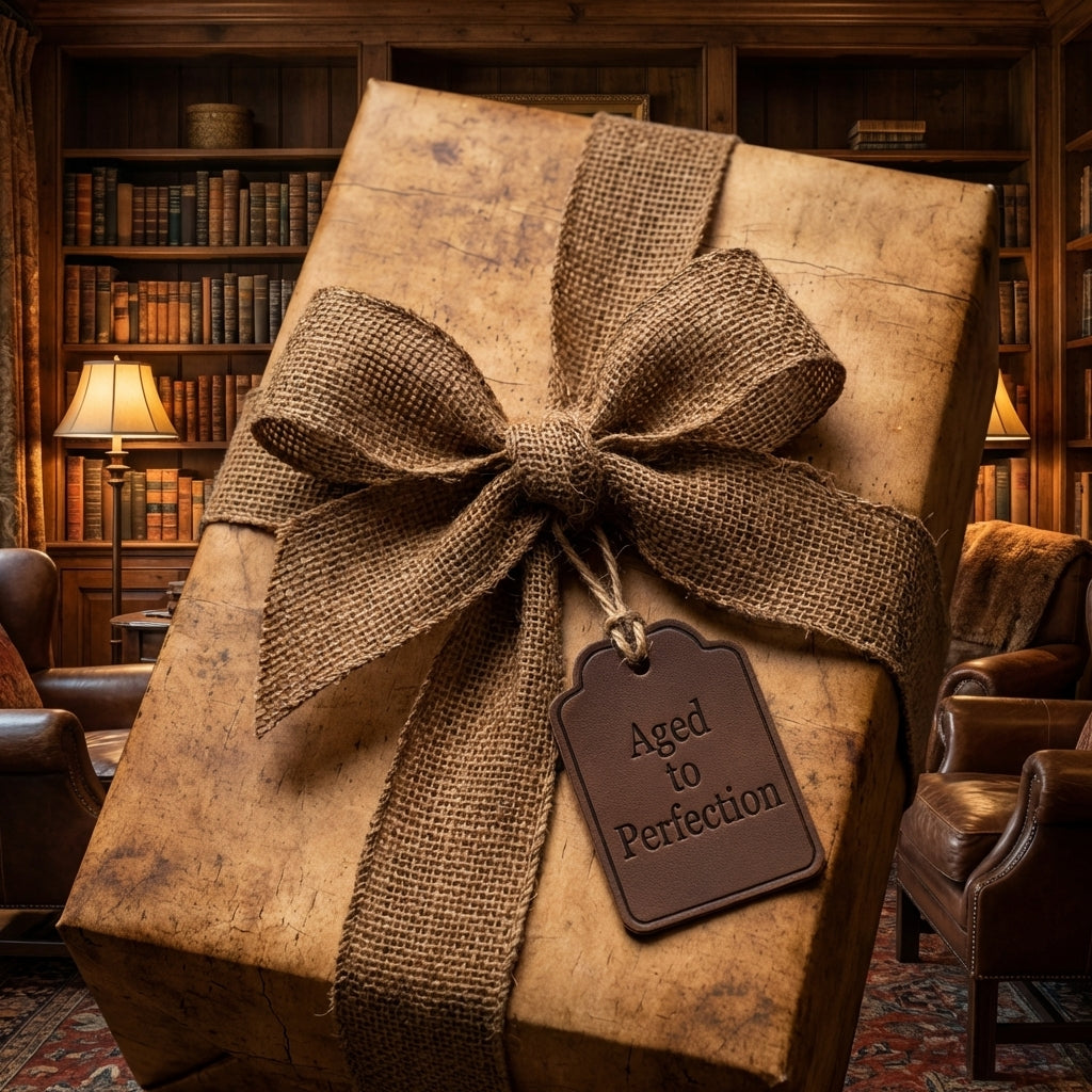 Elegant rustic brown gift wrap with burlap bow & "Aged to Perfection" tag. Ideal for men's birthday or luxury gifts.