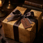 Wrapped Studios' rustic brown wrapping paper, dark satin bow, & 'Dad' leather tag. Perfect for Father's Day gifts.