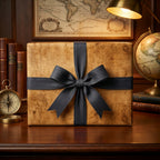 Distressed brown wrapping paper with black herringbone ribbon bow. Luxury masculine gift wrap by Wrapped Studios.