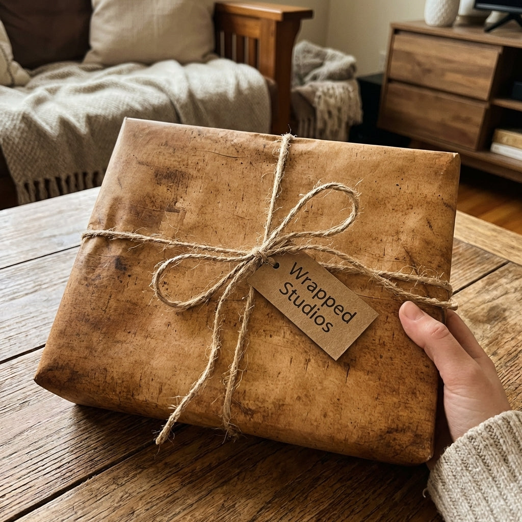 Rustic brown wrapping paper gift tied with natural twine and a "Wrapped Studios" tag on a wooden table.