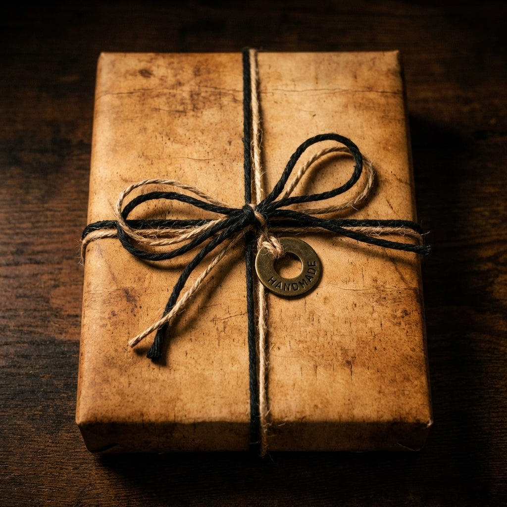 Handmade rustic vintage gift wrap: distressed brown paper, black & natural twine, "HANDMADE" tag. Wrapped Studios.