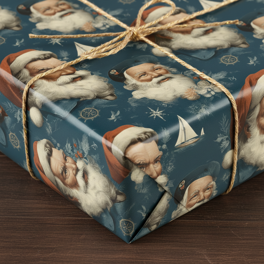 Vintage Christmas wrapping paper with Santa Claus and nautical elements on a dark blue background, tied with natural twine.