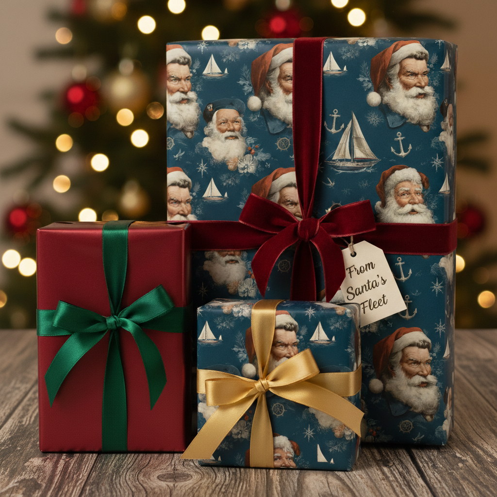 Nautical Santa Christmas wrapping paper with red and gold velvet ribbon and a red gift box, perfect for holiday gifts.