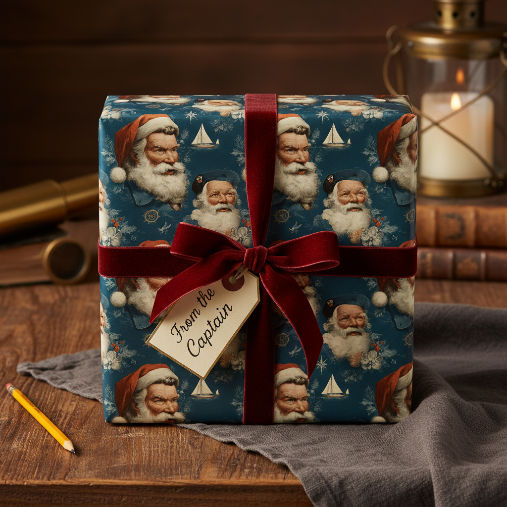 Nautical Santa Christmas wrapping paper with red velvet ribbon, "From the Captain" tag, on a rustic wooden table with vintage decor.
