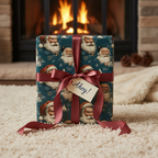 Nautical Santa Christmas wrapping paper with red ribbon and "Ahoy!" tag, on a cozy rug by a fireplace.