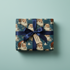 Nautical Santa Christmas wrapping paper with a dark blue satin bow and gift tag, perfect for luxury holiday gifts.