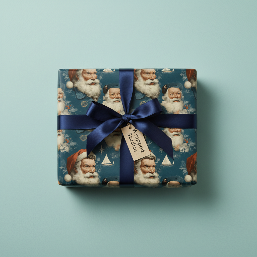 Nautical Santa Christmas wrapping paper with a dark blue satin bow and gift tag, perfect for luxury holiday gifts.