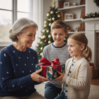 Grandma gives a charming Santa Christmas gift box with a red bow to a happy granddaughter as her grandson watches, by a decorated tree.