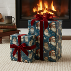 Nautical Santa Claus Christmas wrapping paper with red velvet ribbon, ideal for luxury holiday gifts by a cozy fireplace.