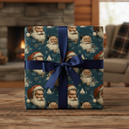 Vintage Santa Claus Christmas wrapping paper with a nautical pattern and blue ribbon, perfect for holiday gifts.