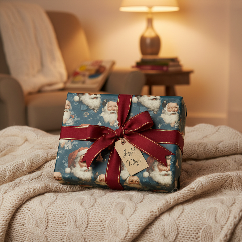 Vintage Santa Claus Christmas wrapping paper with a red ribbon and "Joyful Tidings" tag, on a cozy cable knit blanket.