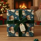 Nautical Christmas wrapping paper with vintage Santa Claus faces on blue, tied with a luxurious green velvet ribbon and gift tag, by a fireplace.