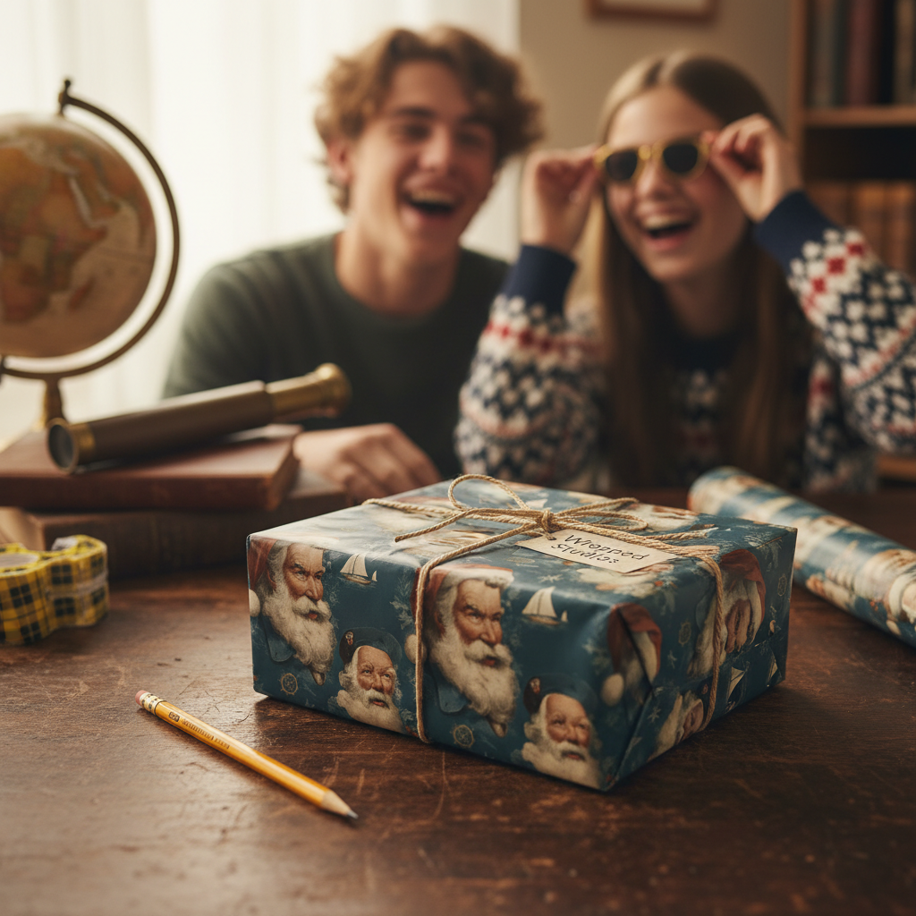 Festive Christmas wrapping paper with vintage Santa Claus faces and nautical elements, tied with twine, on a rustic desk with laughing people.