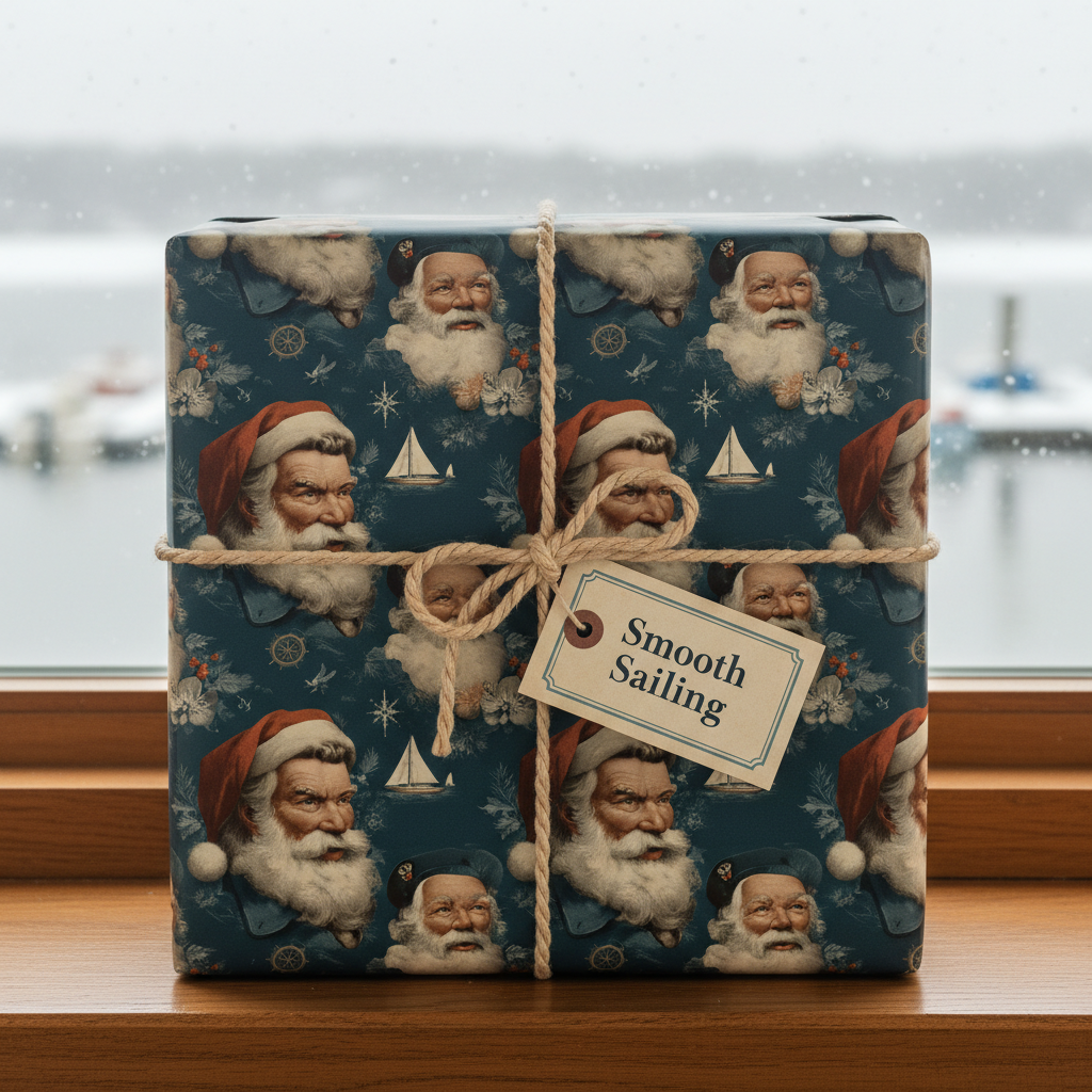 Nautical Santa Christmas wrapping paper with twine and a "Smooth Sailing" tag, perfect for holiday gifts.