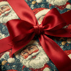 Retro Santa Christmas gift wrap with a red satin ribbon, perfect for holiday presents.