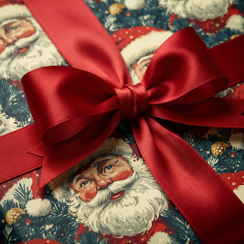 Retro Santa Christmas gift wrap with a red satin ribbon, perfect for holiday presents.