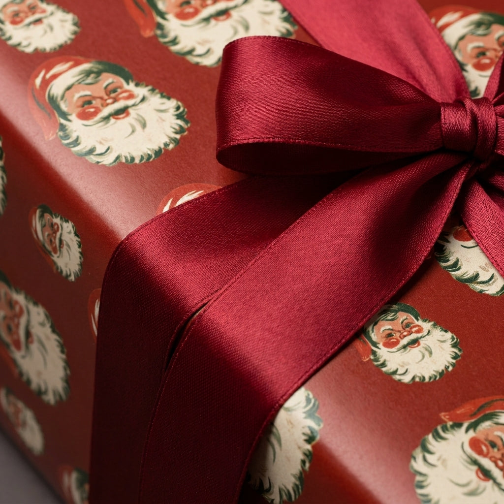 Vintage Santa Christmas gift wrap with a luxury red satin ribbon bow by Wrapped Studios.