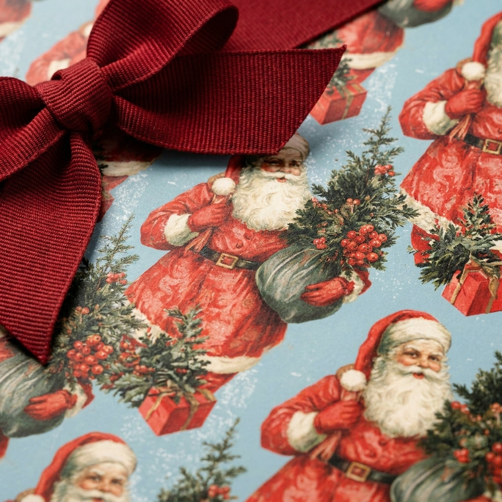 Vintage Santa Claus blue Christmas wrapping paper with a red bow by Wrapped Studios.