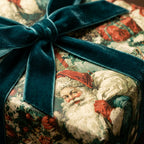 Luxury Christmas gift wrap featuring a vintage Santa pattern and an elegant teal velvet ribbon by Wrapped Studios.