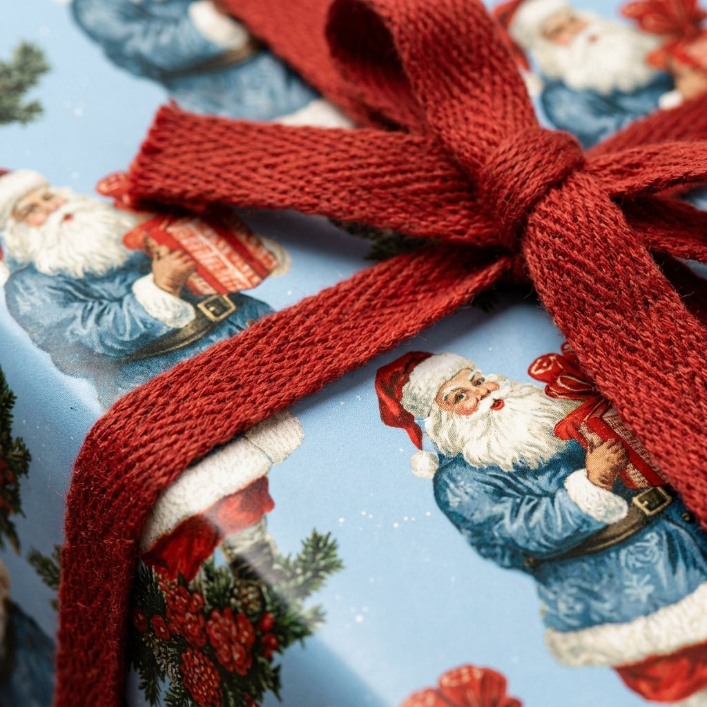 Vintage blue Santa Claus Christmas wrapping paper with a red ribbon by Wrapped Studios.