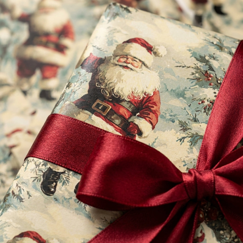Vintage Santa Christmas wrapping paper with a red satin bow. Luxury holiday gift wrap by Wrapped Studios.