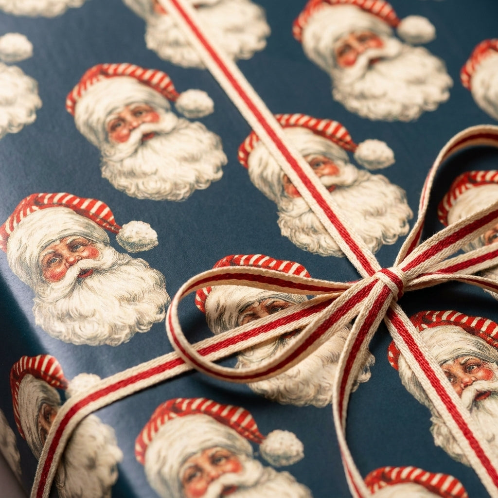 Vintage Santa Claus Christmas wrapping paper with red striped ribbon by Wrapped Studios.