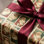 Vintage Santa Claus Christmas wrapping paper with a luxury burgundy ribbon by Wrapped Studios.
