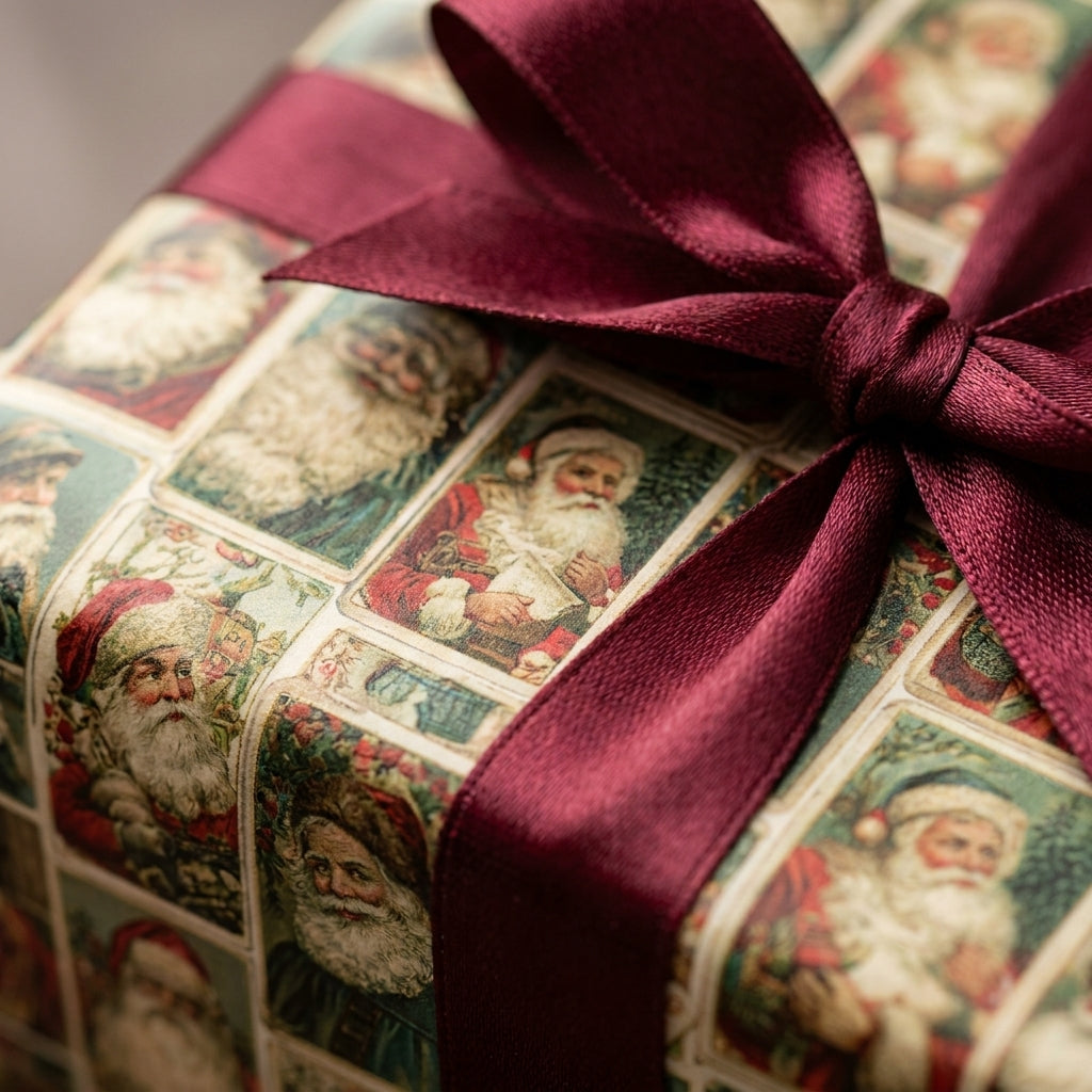Vintage Santa Claus Christmas wrapping paper with a luxury burgundy ribbon by Wrapped Studios.