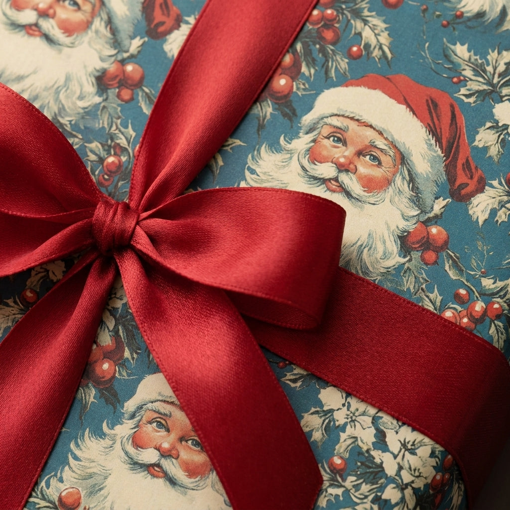 Vintage Santa Claus Christmas wrapping paper with a red satin bow, by Wrapped Studios.