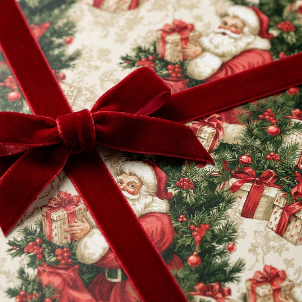 Vintage Santa Christmas wrapping paper with a luxury red velvet ribbon bow by Wrapped Studios.