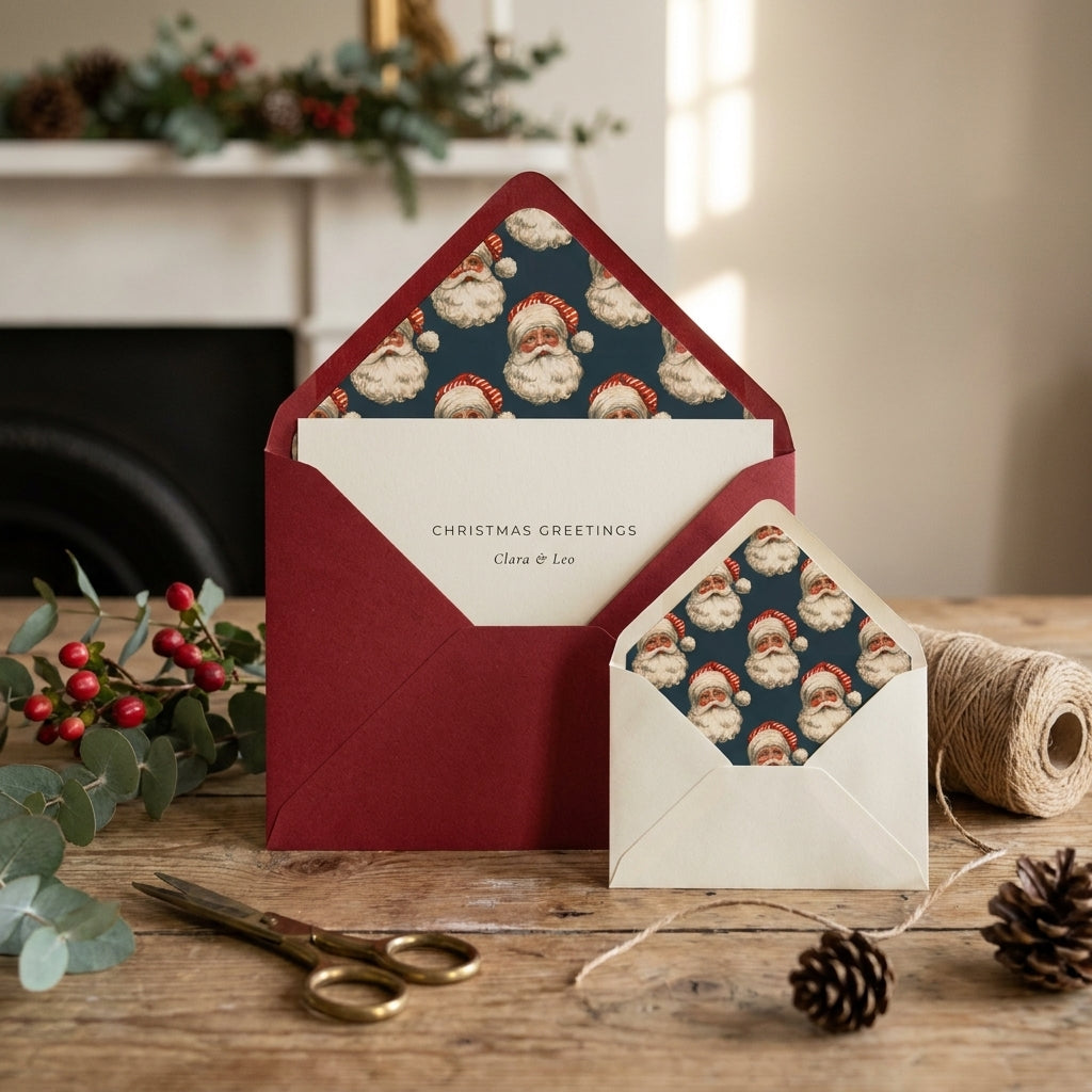 Luxury vintage Santa Christmas cards with red envelopes by Wrapped Studios on a rustic table.