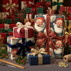 Luxury Christmas gift wrap featuring a vintage Santa Claus print, satin ribbons, and traditional holiday colors.