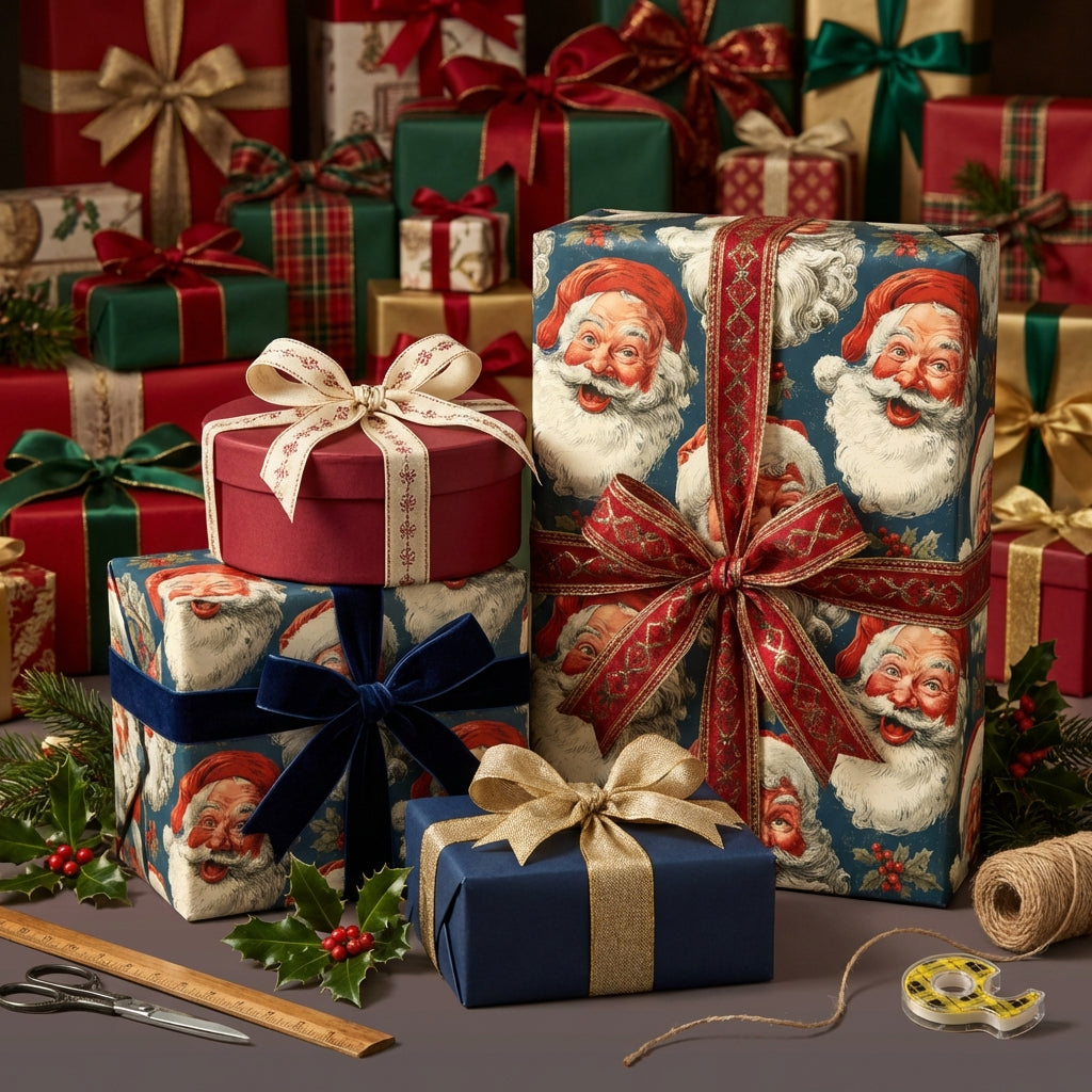 Luxury Christmas gift wrap featuring a vintage Santa Claus print, satin ribbons, and traditional holiday colors.