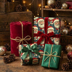 Gifts wrapped in Santa-themed Christmas wrapping paper with velvet ribbons and twine.