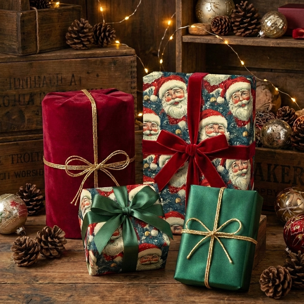 Gifts wrapped in Santa-themed Christmas wrapping paper with velvet ribbons and twine.