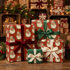 Vintage Santa Christmas wrapping paper on festive gifts with velvet bows by Wrapped Studios.