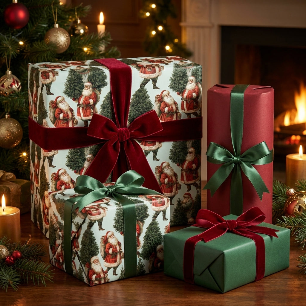 Vintage Santa Christmas wrapping paper and luxury solid gift wrap with velvet ribbons by Wrapped Studios.