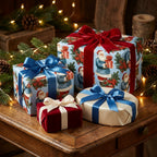 Blue vintage Santa Christmas wrapping paper with luxury velvet bows by Wrapped Studios.