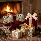 Vintage Santa Christmas wrapping paper with luxury bows by a cozy fireplace. Wrapped Studios.